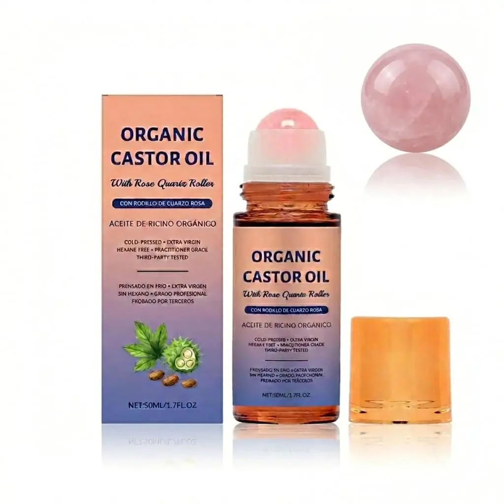 Organic Cold Pressed Castor Oil Roll-On with Rose Quartz Roller (Rose Stone Roller, 1 Bottle |   1.7 FL OZ)