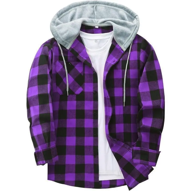 Men's Flannel Hoodie Shirts Casual Button Down Plaid Shirt Jackets Men Long Sleeve Stylish Hooded with Pocket No.124