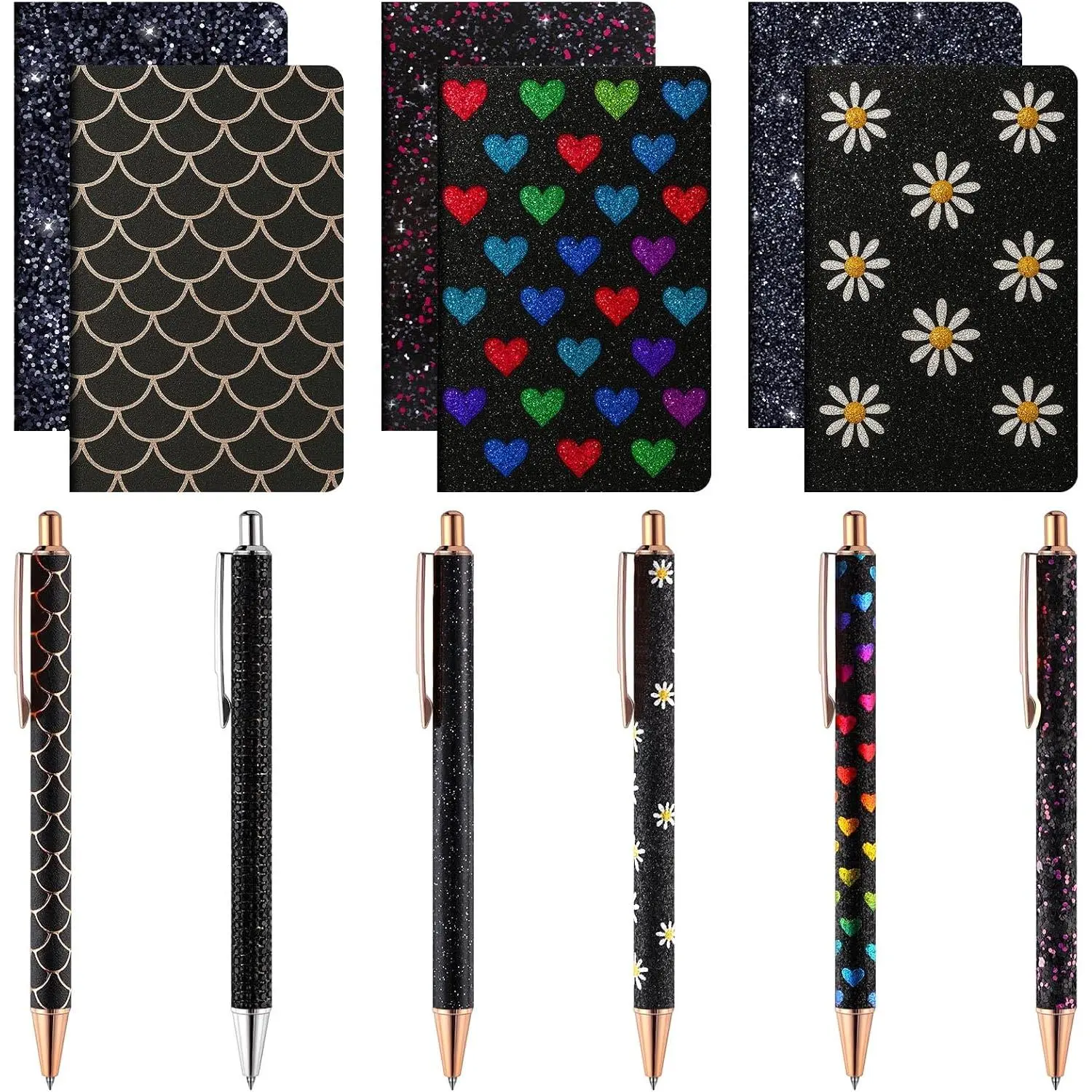12 count Mini Glitter Notebooks, Pen Stationery Set for Women, Black