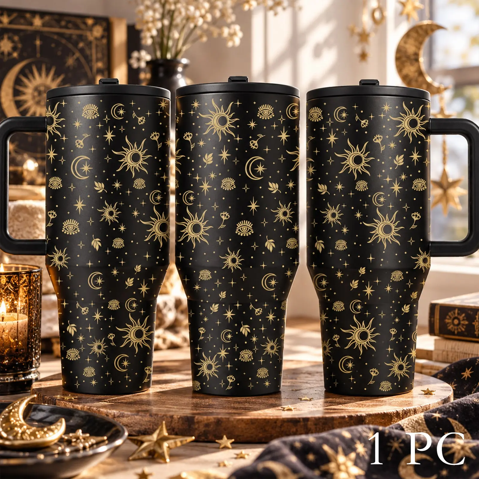 1PC 40oz Celestial Tumbler with Handle, Black Gold Sun Moon Stars Insulated Stainless Steel Travel Cup, Double Wall Large Capacity Portable Coffee Water Mug, Cup Holder Friendly, Mystical Astrology Gift for Daily Travel