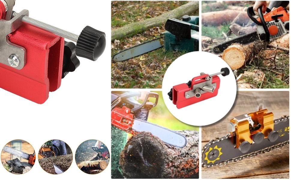 3 Burrs Chainsaw Sharpener Hand Crank Kit 30 Degree Manual Chainsaw Sharpening Jig with Two Fixed Sharpening Holes, Aluminum, Red, No Assembly Required
