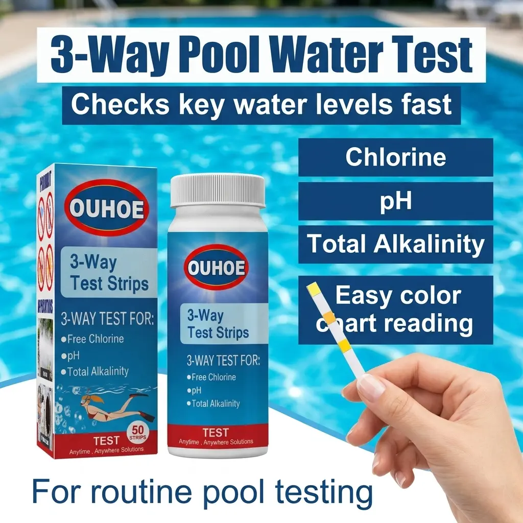 3-in-1 Pool Test Strips, Pool Water Quality Test Strips for pH, Total Alkalinity, Total Hardness, Swimming Pool, Spa, Hot Tub Water Testing, Quick Color Chart Reading, Home Pool Maintenance and Daily Water Balance Check Use for Outdoor Pools