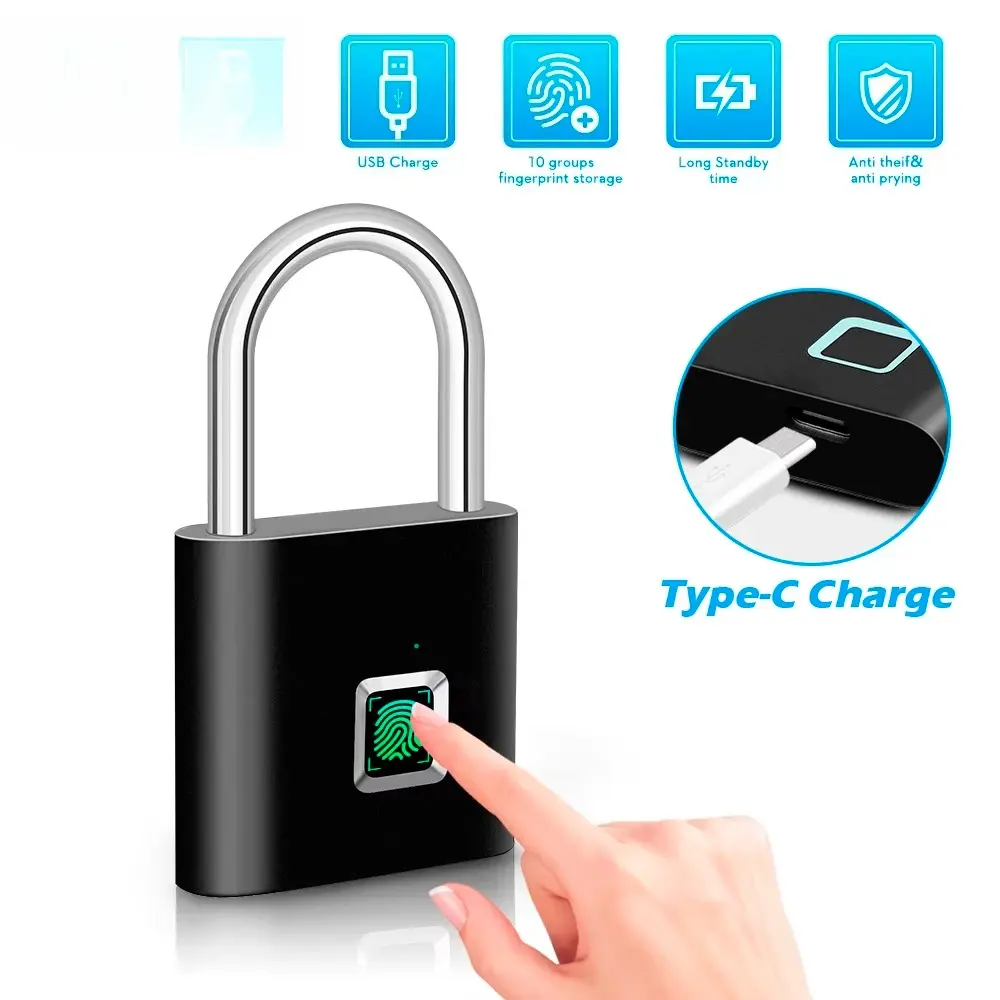 Smart Fingerprint Padlock Waterproof Fingerprint Keyless Door Lock Type C Rechargeable Security Padlock for House