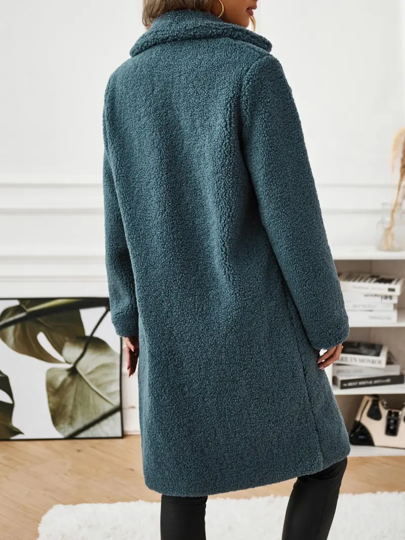 Product Introduction of Women's Solid Button Front Lapel Neck Fuzzy Coat, Casual Warm Long Sleeve Coat for Fall & Winter, Women's Clothing for Daily Wear 2