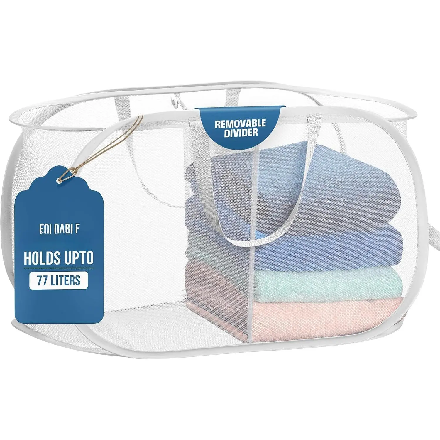 Collapsible  Basket, 2-Compartment Mesh Hamper – Foldable, Space-Saving, Lightweight & Durable with Handles for Dorm, Travel,  Room, Apartment – White