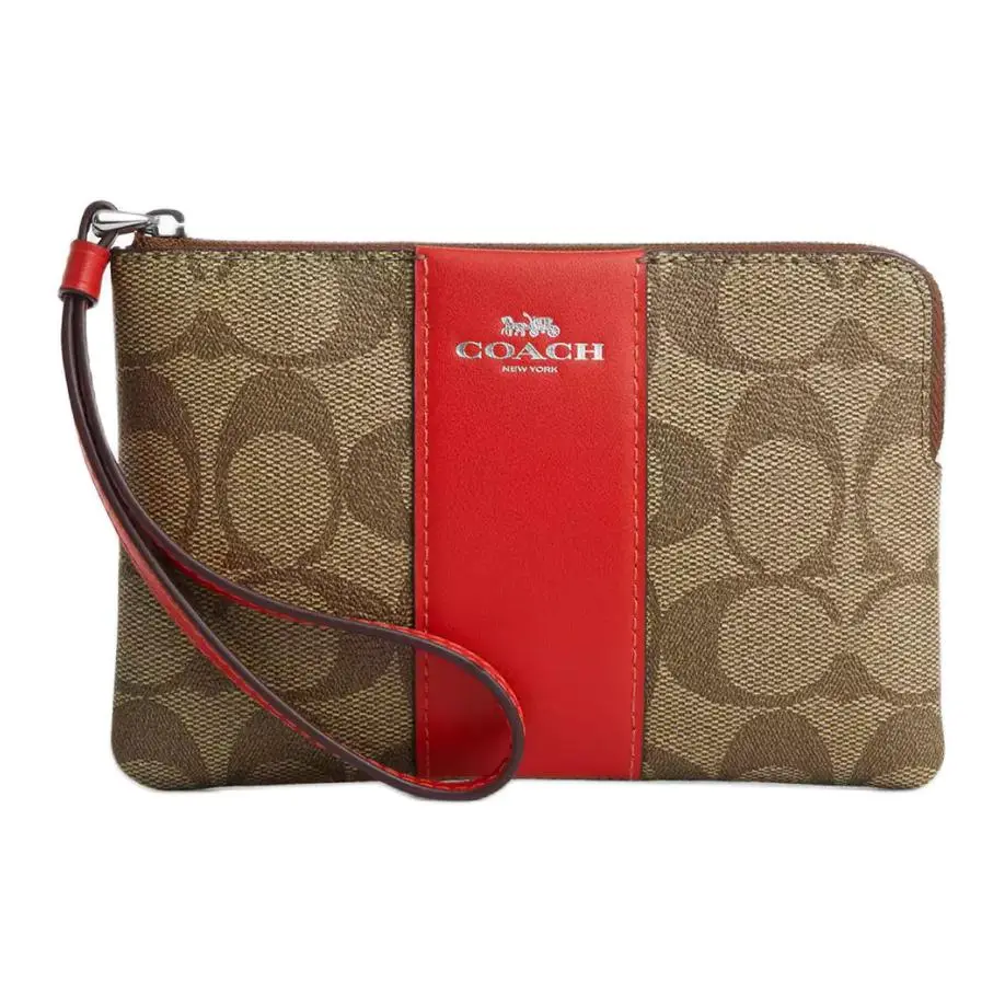 COACH Corner Zip Wristlet Handbag for Women – Canvas and Recycled Leather, Khaki with Miami Red and Silver