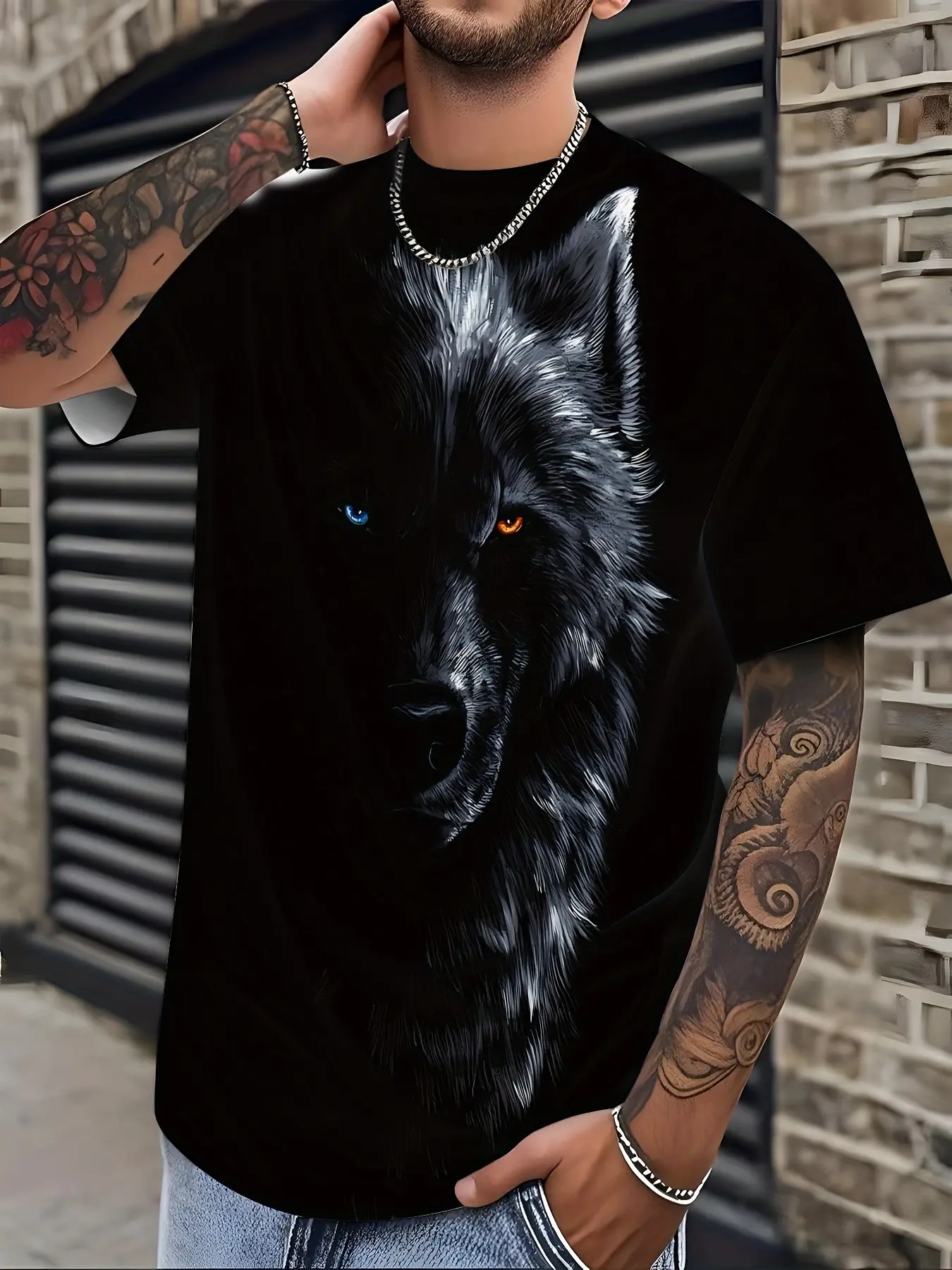 Wolf Head Graphic Men's Short Sleeve T-Shirt, 3D Print Casual Top, Trendy Unisex Tee, Perfect for Daily Wear & Leisure Activities