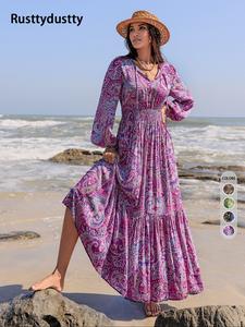 women's all over print shirred tie neck ruffle hem long sleeve a line dress, boho fashion lantern sleeve dress for beach holiday vacation, ladies clothes for all seasons, longsleeves dresses for women, bohemian womenswear, casual wear summer clothes women