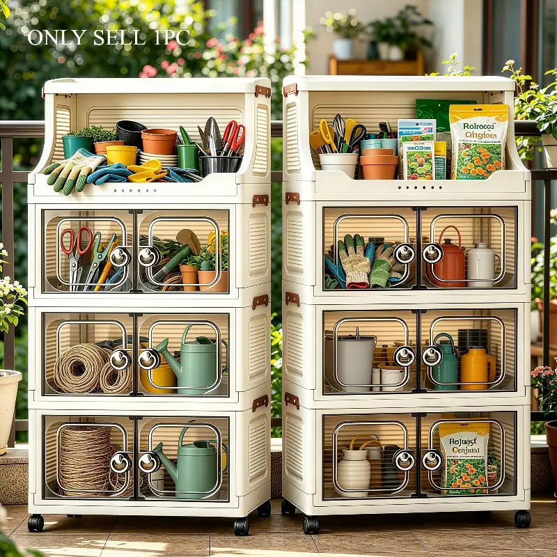 3/4/5/6 layer multifunctional folding storage box with open shelves, large capacity outdoor storage rack for gardening tools with rollers, portable double door storage box