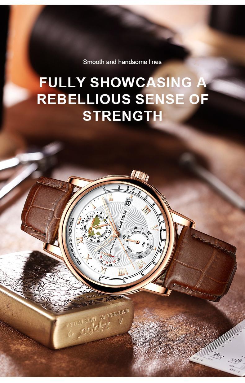 Men's Navigator high-end fashion watch: Swiss original movement, 42mm dial, leather strap, stainless steel case, waterproof luminous function, scratch and knock resistant, suitable for parties, business meetings, casual wear.