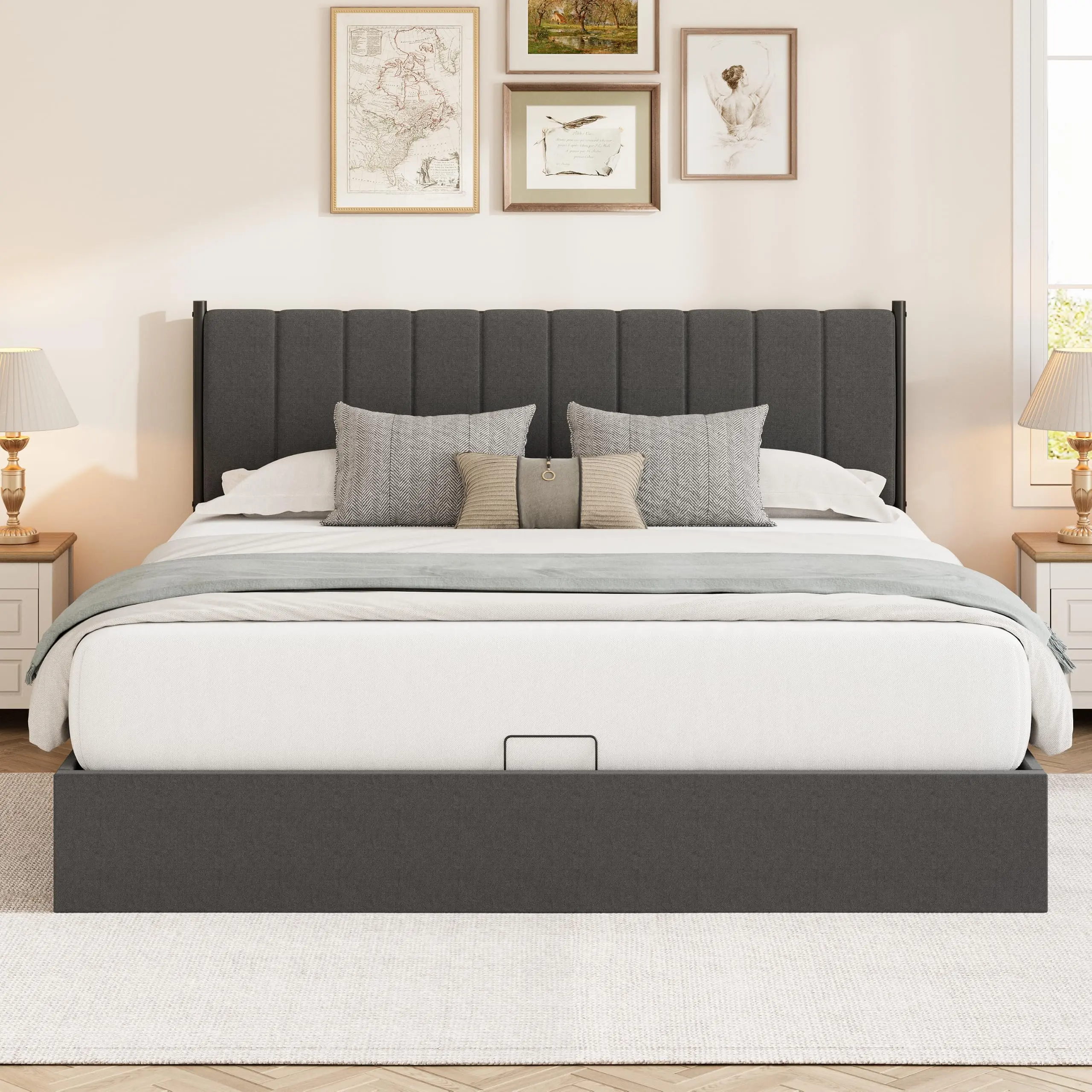 King Size Lift Up Storage Bed Frame – Upholstered Platform Bed Frame, Hydraulic System with Handle, No Box Spring Needed, Wood Slats Support, Easy Assembly