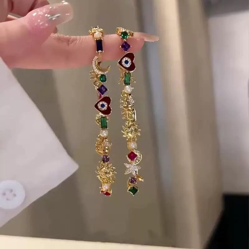 Gold-Plated Pendant Bracelet for Women Devil's Eye Lucky Elephant Moon Star Colorful Zircon Bohemian Style Jewelry Gift for Her 0.2g Lightweight Accessory