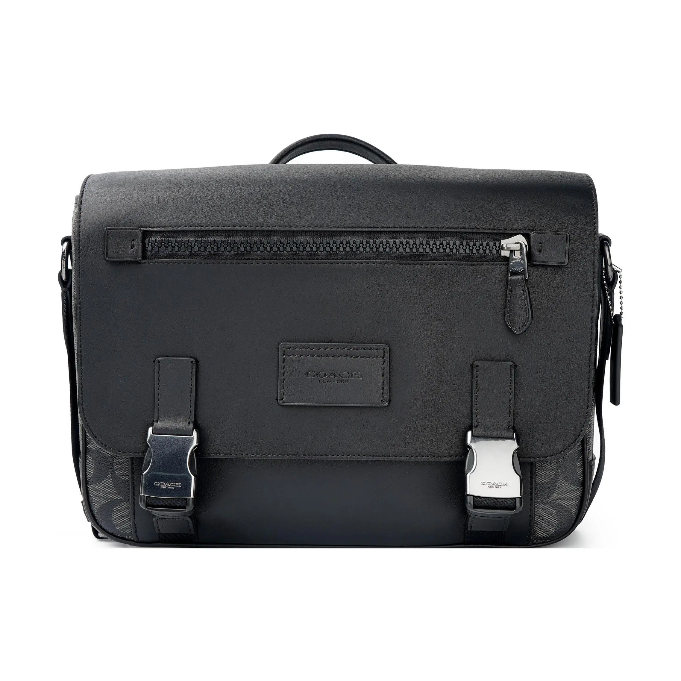 COACH Track 33 Adjustable Strap Crossbody Bag for Men – Coated Canvas and Smooth Calfskin, Large Size, Black
