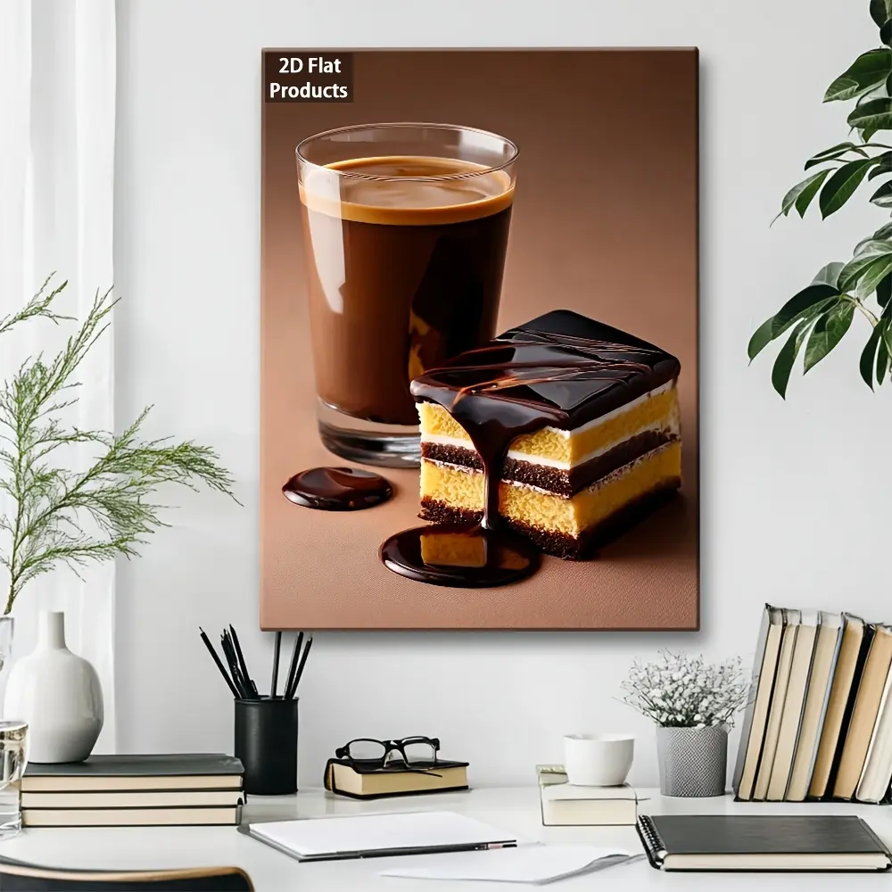 2D Flat Painting, 1 Piece Vintage Coffee Chocolate Sauce Poster - Wrap-Around Wooden Frame Canvas Wall Art, Suitable for Home - / Coffee Theme Vintage Decor, Minimalist