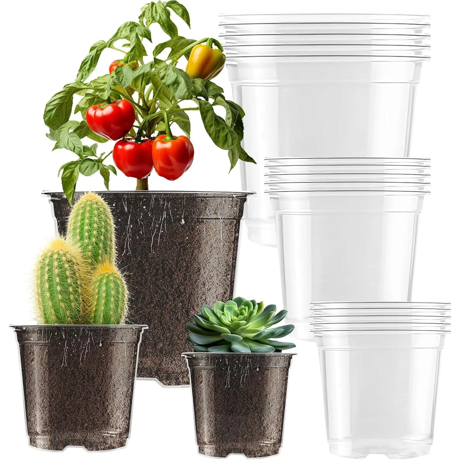 Clear  Pots 15 Pack, 3.5/4/5 Inch with Drainage Holes | High Transparency Plastic  Pots, Easy to Observe the Root Growth, Variety Pack Clear Plastic Pots for Seed Starting