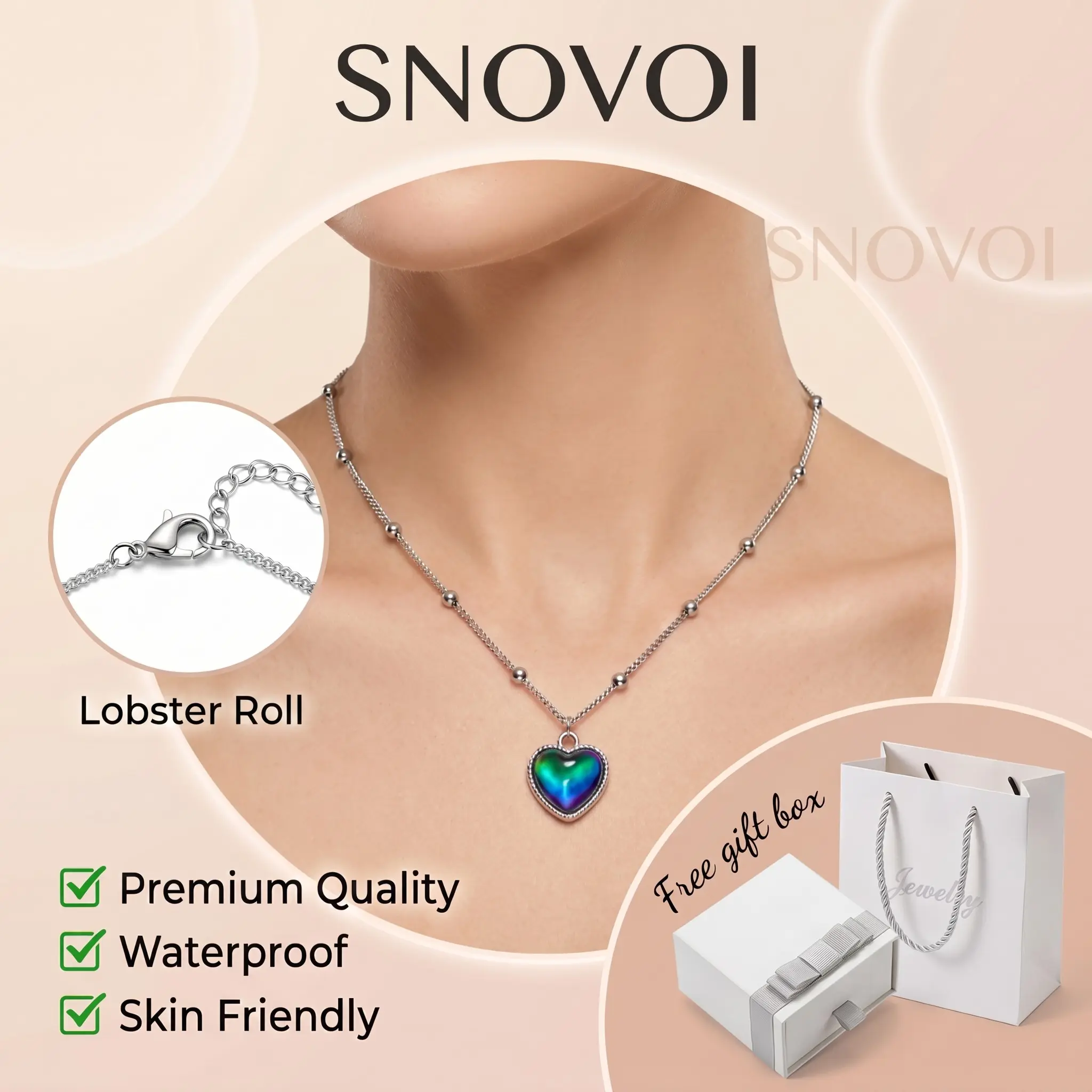 Dainty Silver Beaded Chain Necklace with Mood Color Changing Heart, Temperature-Responsive Charm, Lightweight & Hypoallergenic, Statement Jewelry for Everyday & Date Nights, Great for BFF Birthday Gift Boxes & Holiday Party, Dainty Necklaces