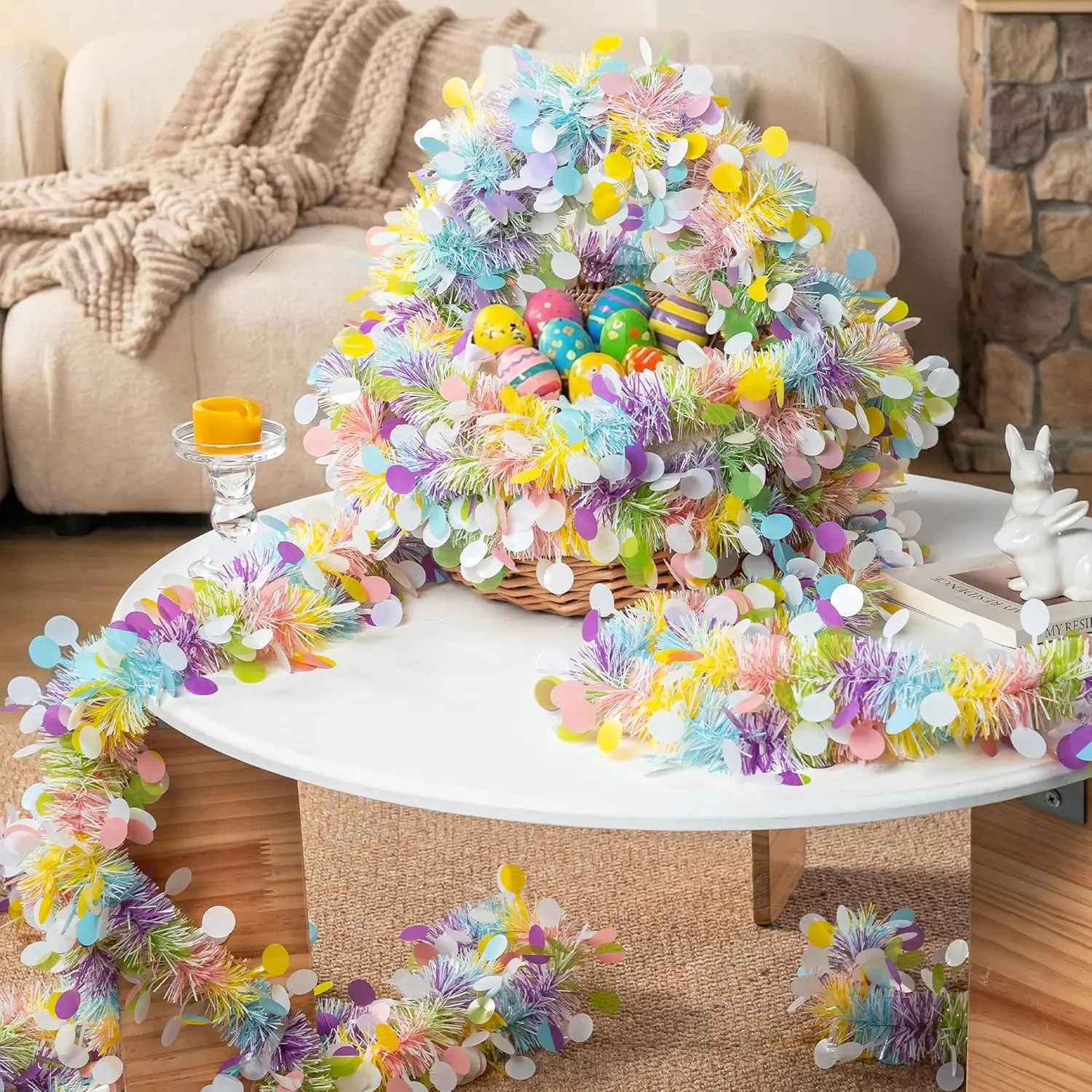 50FT Pastel Glitter Tinsel Garland - Colorful Festive Decor for Indoor Outdoor Party, Mantel, Staircase
