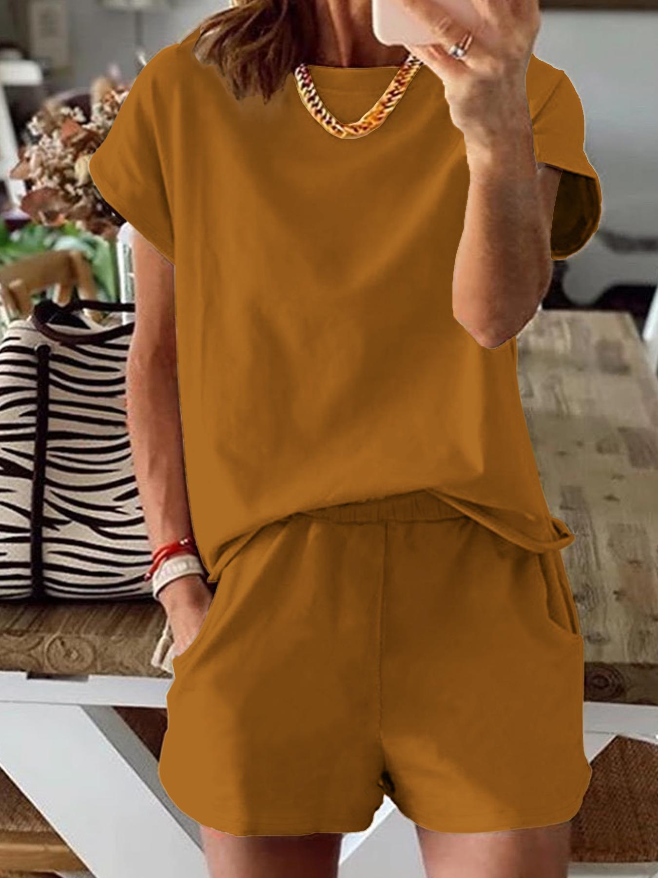 Women's Solid Co-ord Set, Casual Short Sleeve Tee & Elastic Waist Shorts Set, Women's Summer Clothes for Daily Wear, Cute Summer Outfit