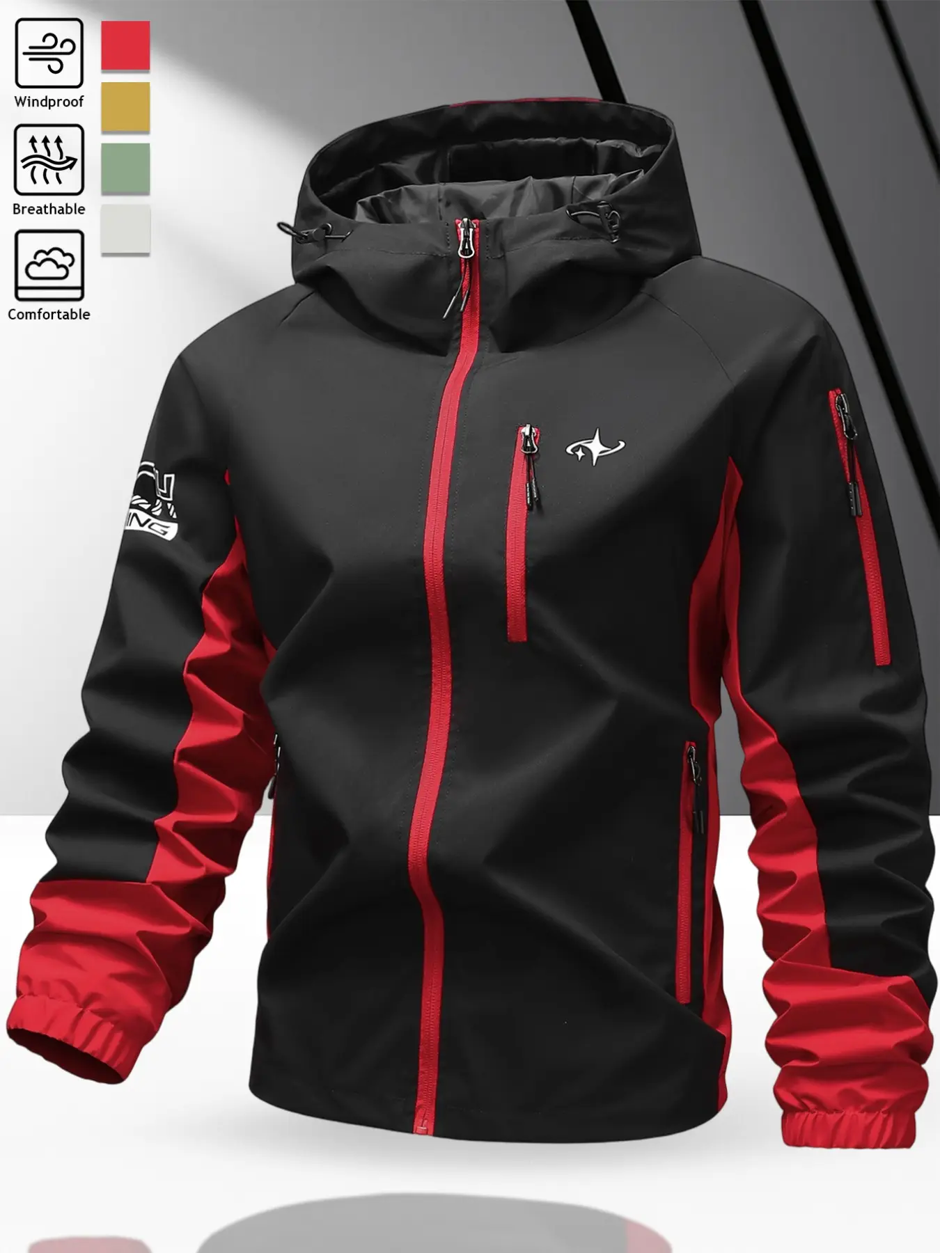 Men's Trendy Patchwork Hooded Jacket, Casual Streetwear, Fashionable Versatile Letter Geometric Design, Zip Pocket, Comfortable Casual Top