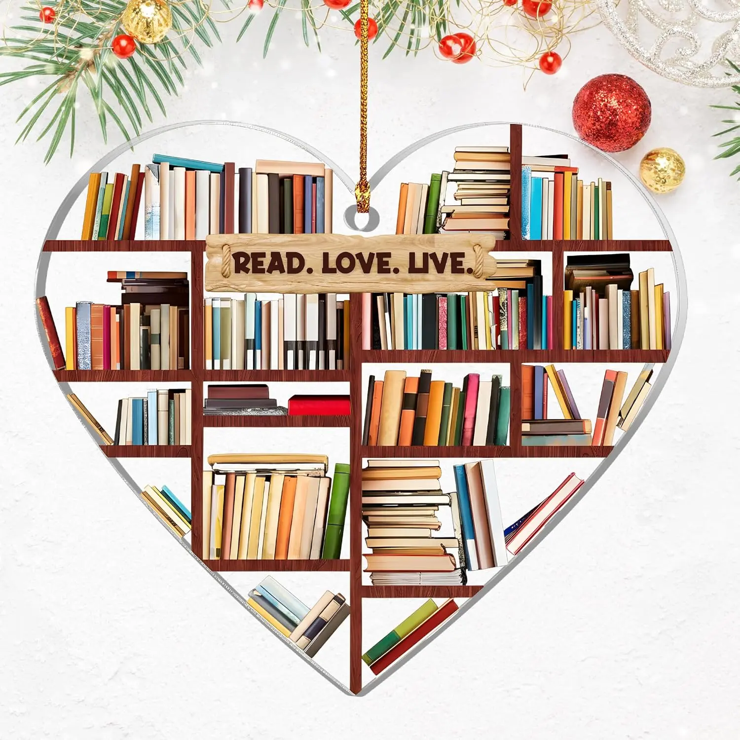 Book Lovers Gifts for Women, Book Ornament – Heart Shaped Bookshelf Christmas Decoration with Read Love Live Quote – Gifts for Women, Book Club, Readers, Bookish Decor, Mini Book Tree Ornament