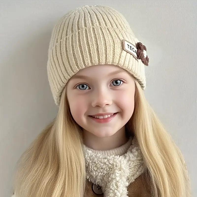 1pc Girls' Winter Hat with Floral Ear Flaps - Thick Knit Beanie, Soft Stretchy Cold Weather Cap for Toddlers & Kids Ages 3-8, Beige/ Pastel Pink/ Navy - Perfect Christmas, Birthday, Thanksgiving Gift for Girls, Seasonal Kids Wear, Playful Design, Comforta