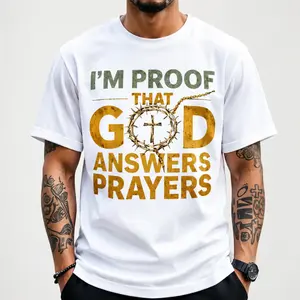 Men's Christian Graphic T-Shirt - Unisex Casual Short-Sleeve Top, "I Am the Proof of God's Response to Prayer" Print, Golden Crown Cross Design, Ultra-Soft Breathable Fabric, Crew Neck, White & Black, Suitable for Church, Easter