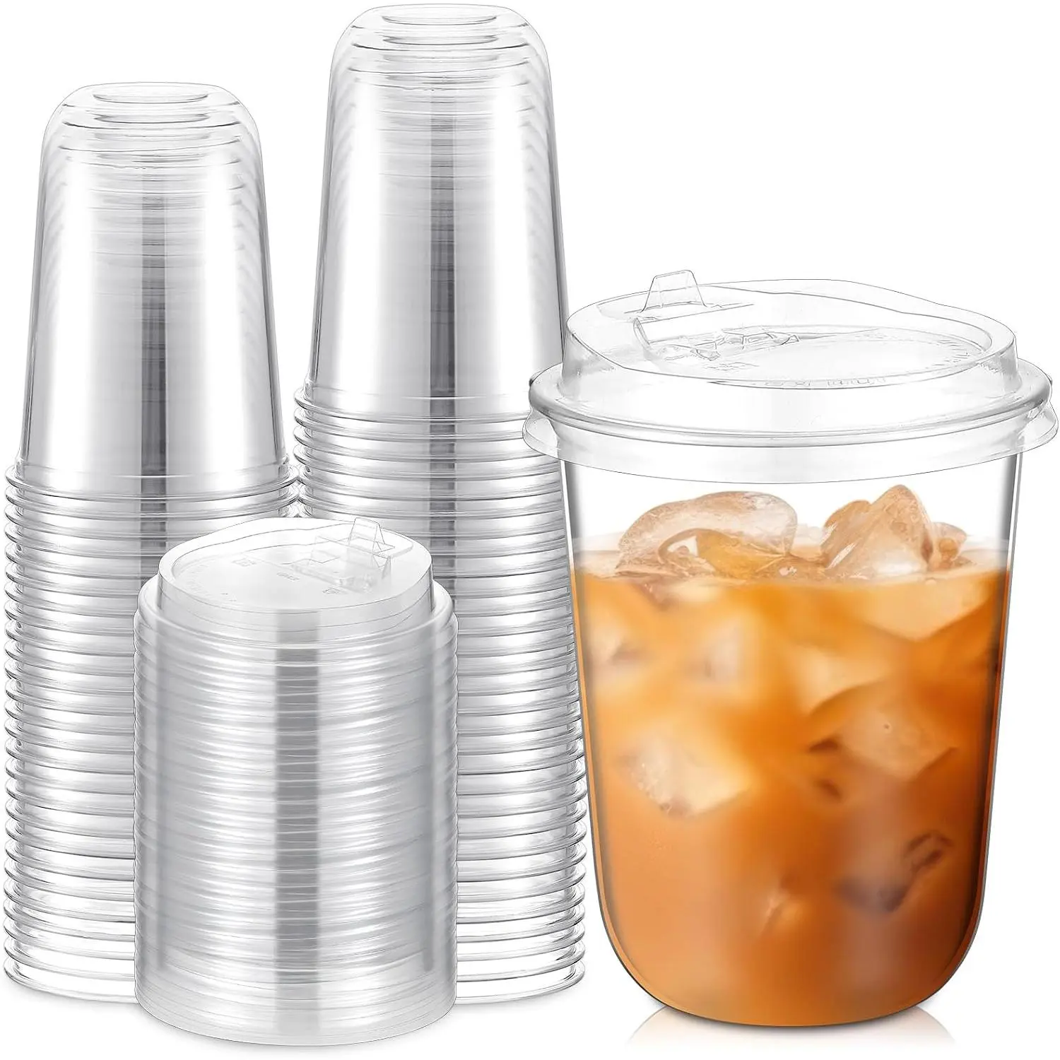 25 Pack 16 oz Disposable Iced Coffee Drink Cups, Round Bottom Plastic Cups with  Strawless, Plastic Cup with  for Iced Coffee Smoothie Cold Beverage Party Catering Supplies