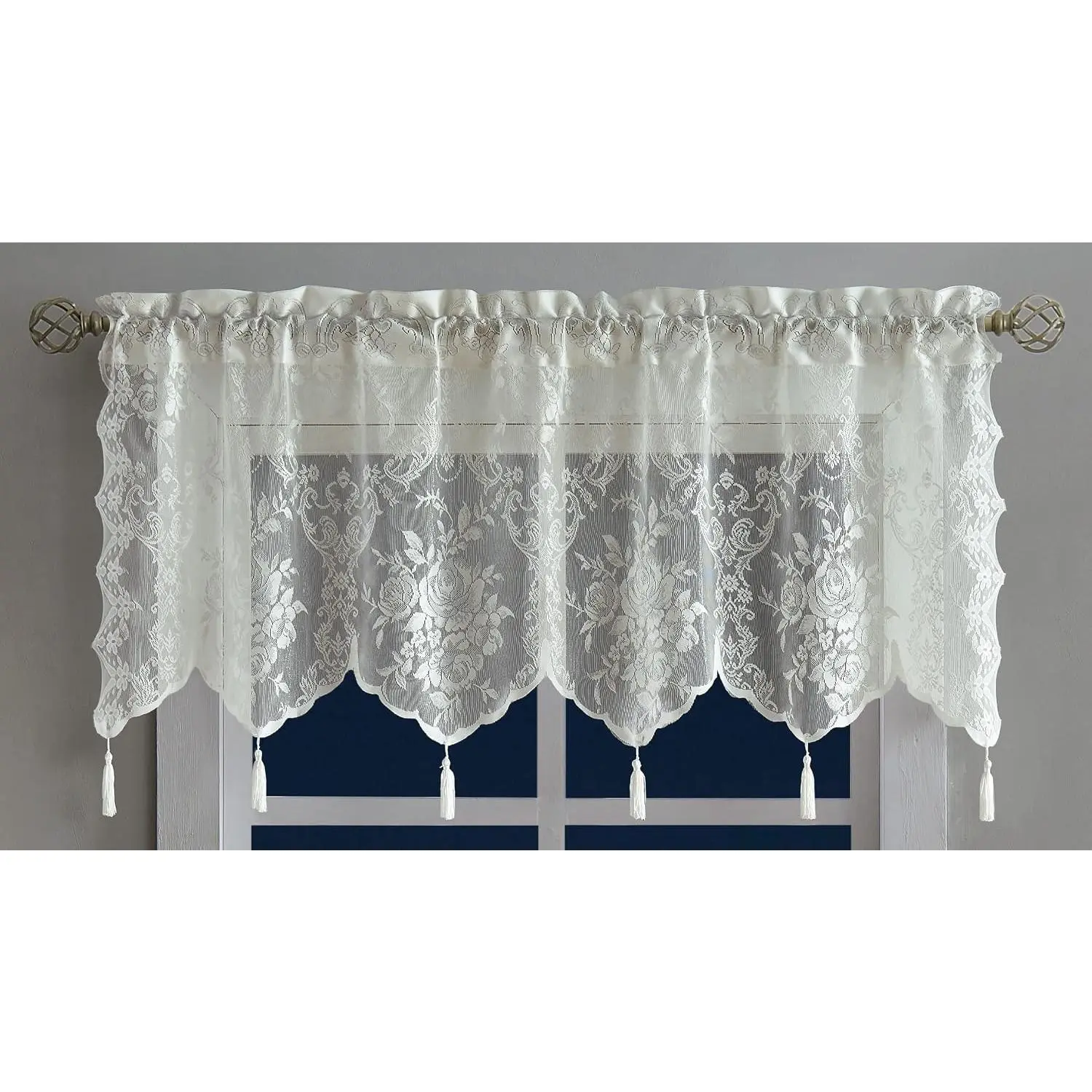 Lace Kitchen Valance with Tassels. L  Valance | 54" x 22" Sheer  Lace Valance with 6 Tassels. English Rose Café Tiers Also Look  in Dining or Living Rooms.