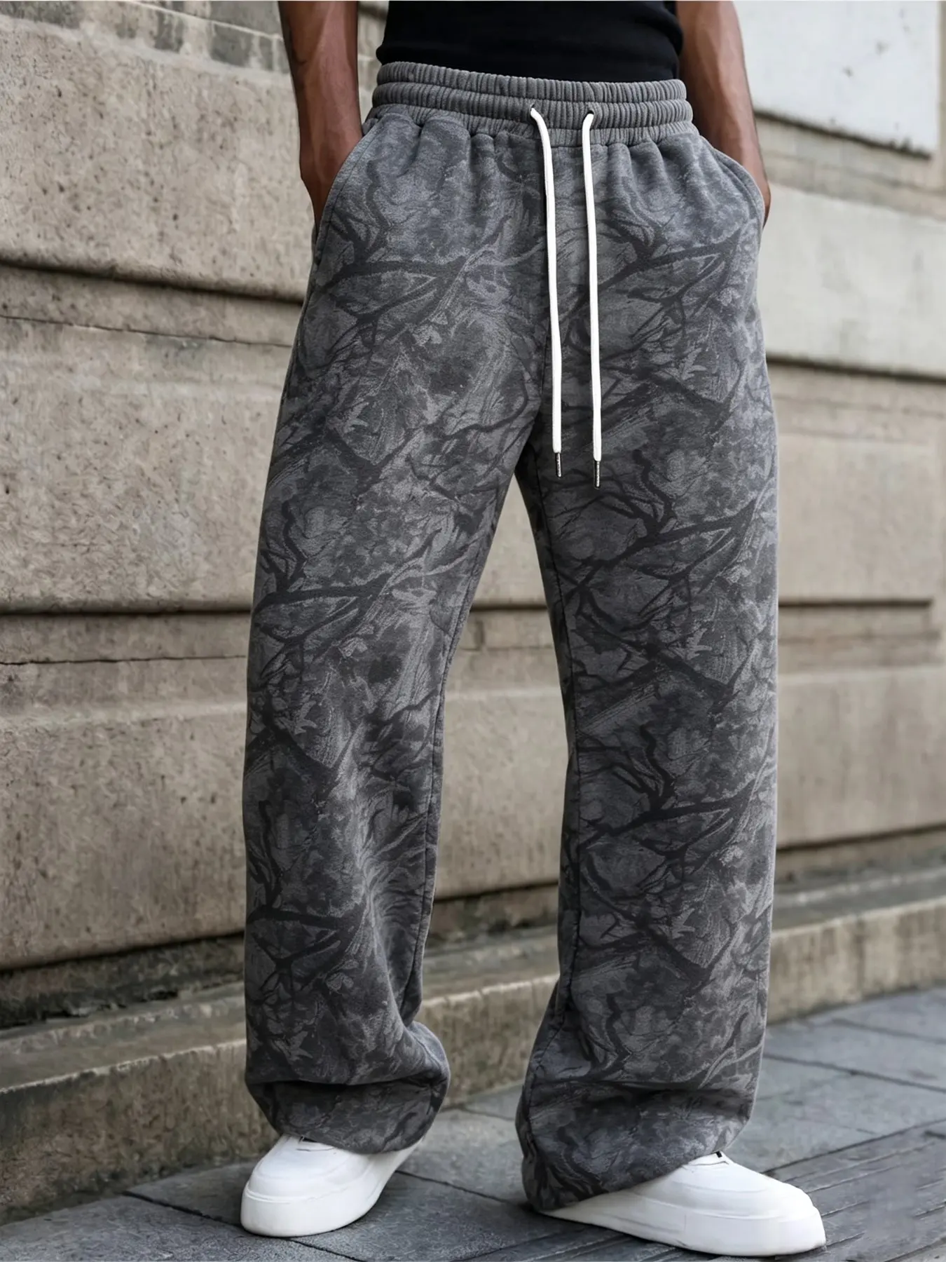 Men's Straight Leg Pants, Fashion Street Style, Creative Tree Camouflage Print, Versatile Long Sweatpants, All-Season Casual Wear