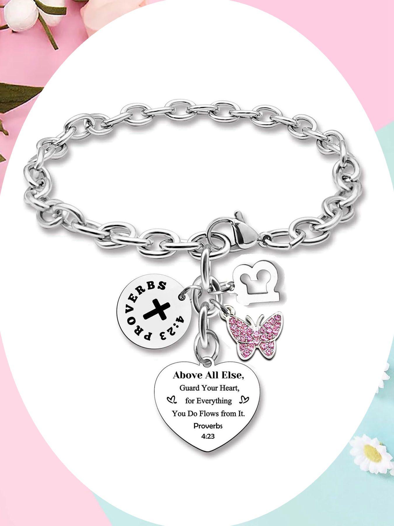 Butterfly & Heart Design Pendant Bracelet, Rhinestone Decor Bracelet for Women & Girls, Fashion Jewelry for Party, Daily Clothing Decor, Trendy Jewelry for Birthday Gift