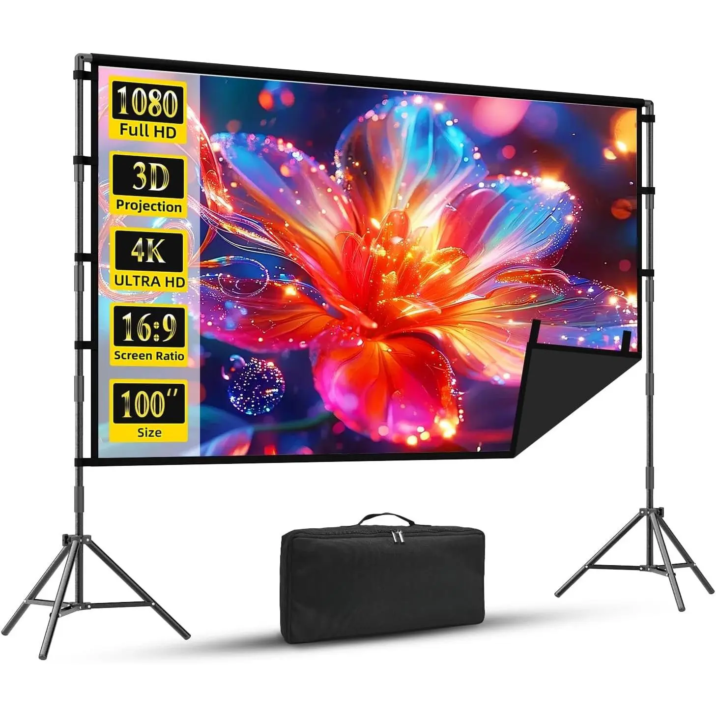Projector Screen with Stand,  100 inch Portable Projector Screen Black Backing, Indoor Outdoor Movie Screen 16:9 4K  Wrinkle-Free Projection Screen with Carry Bag for Backyard Movie Night