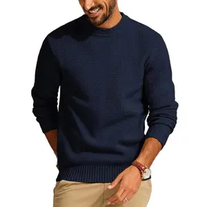 New Solid Color Waffle Round Neck Sweater Pullover Knitted Men's Casual Top Men's Sweater