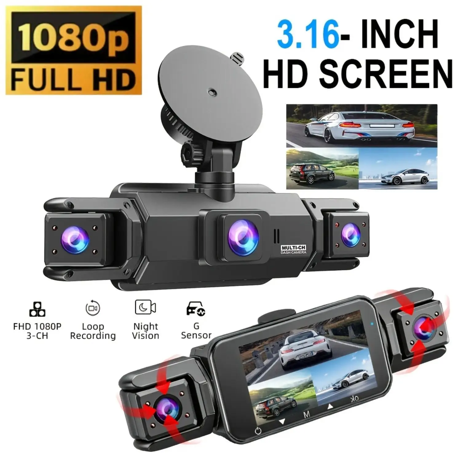 FHD 1080P 2 3 4 Channel Dash Cam for Cars G-Sensor Loop Recording Wide Angle Lens Optional WiFi Optional 32GB Memory Card Multi Channel Vehicle Driving Recorder Dashboard Camera