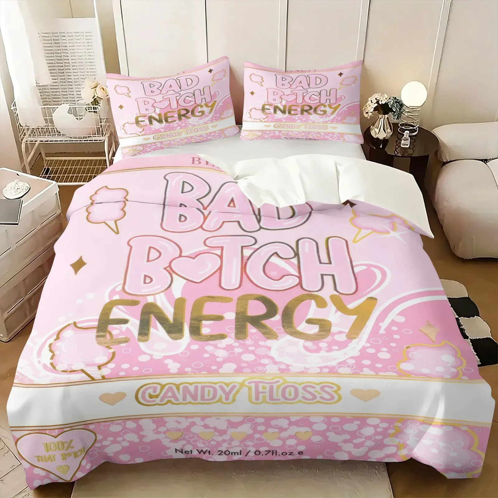 Pastel Pink Cotton Candy Bubbly Print Duvet Cover Set, Include 1 Comforter Cover and 1/2 Pillowcases wihtout Core, Trendy Positive Energy Slogan Aesthetic Quilt Cover,  Suitable for Teen Girls Dorm & Women Bedroom Home Decoration