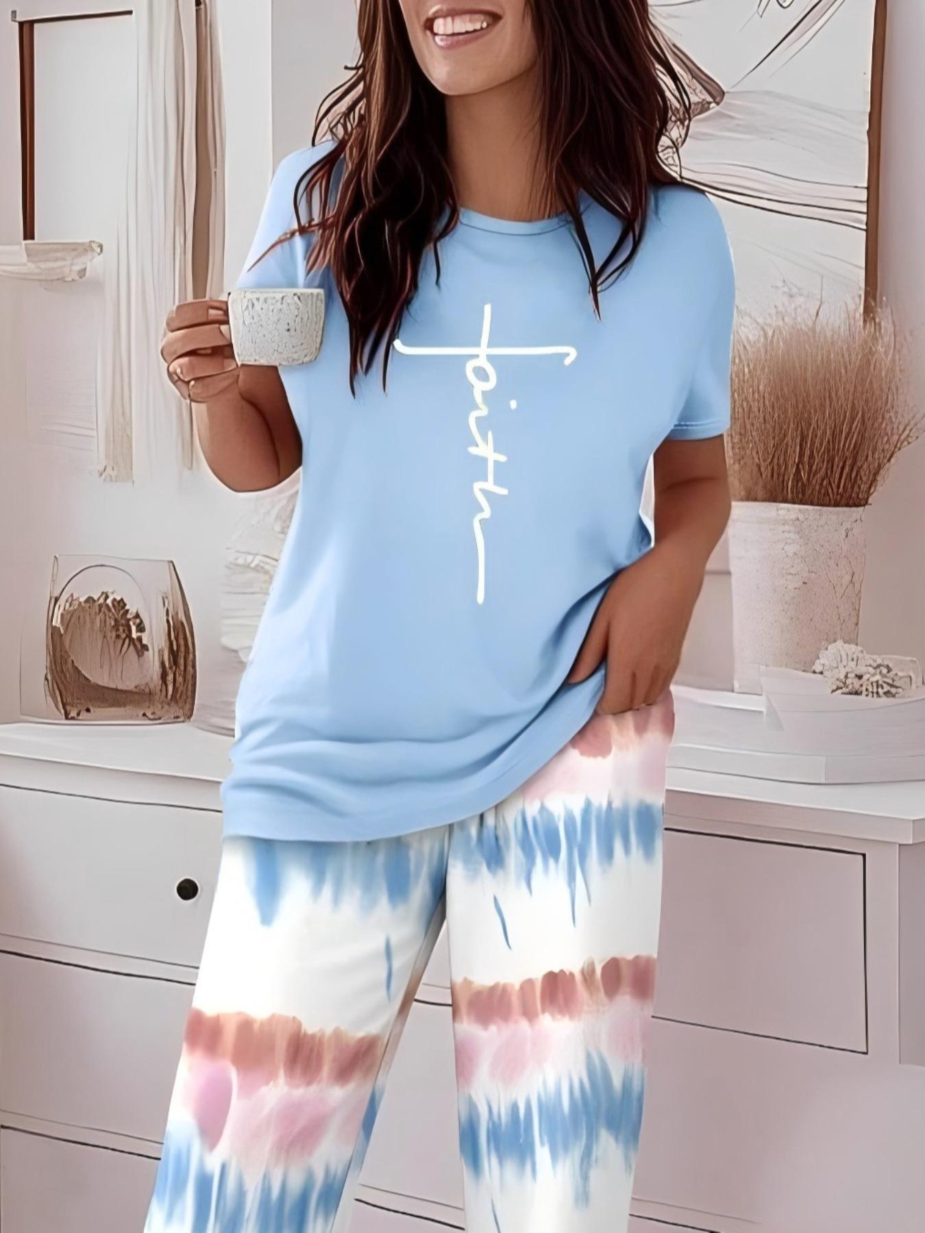 Women's Casual Printed Round Neck Short Sleeve Top & Gradient Print Pants Set, Soft Comfortable Loose Fit Set for Daily Wear