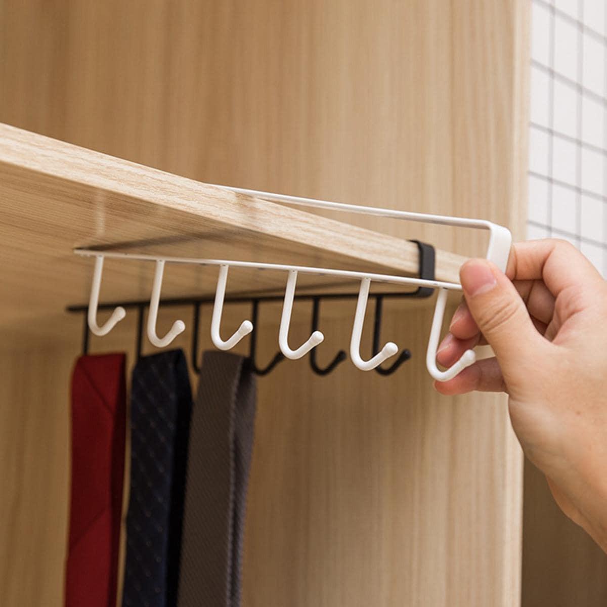 (Without Screws) Cup Hook Shelf, 1 Count Multifunctional Under Cabinet 6 Hooks Cup Storage Rack, Home Organizer for Kitchen Bathroom Bedroom, Wall Mounted Organizer