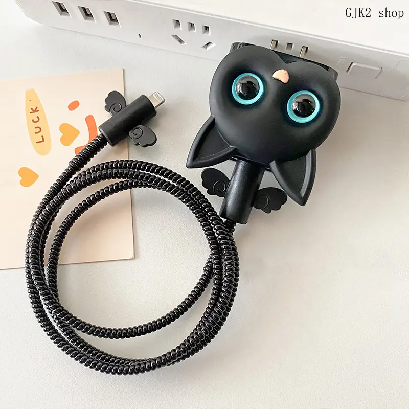 Cute Black Cartoon Cat Charger & Cable Protector Set for 20W USB‑C Charger, Decorative Sleeve Kit, Charger Not Included