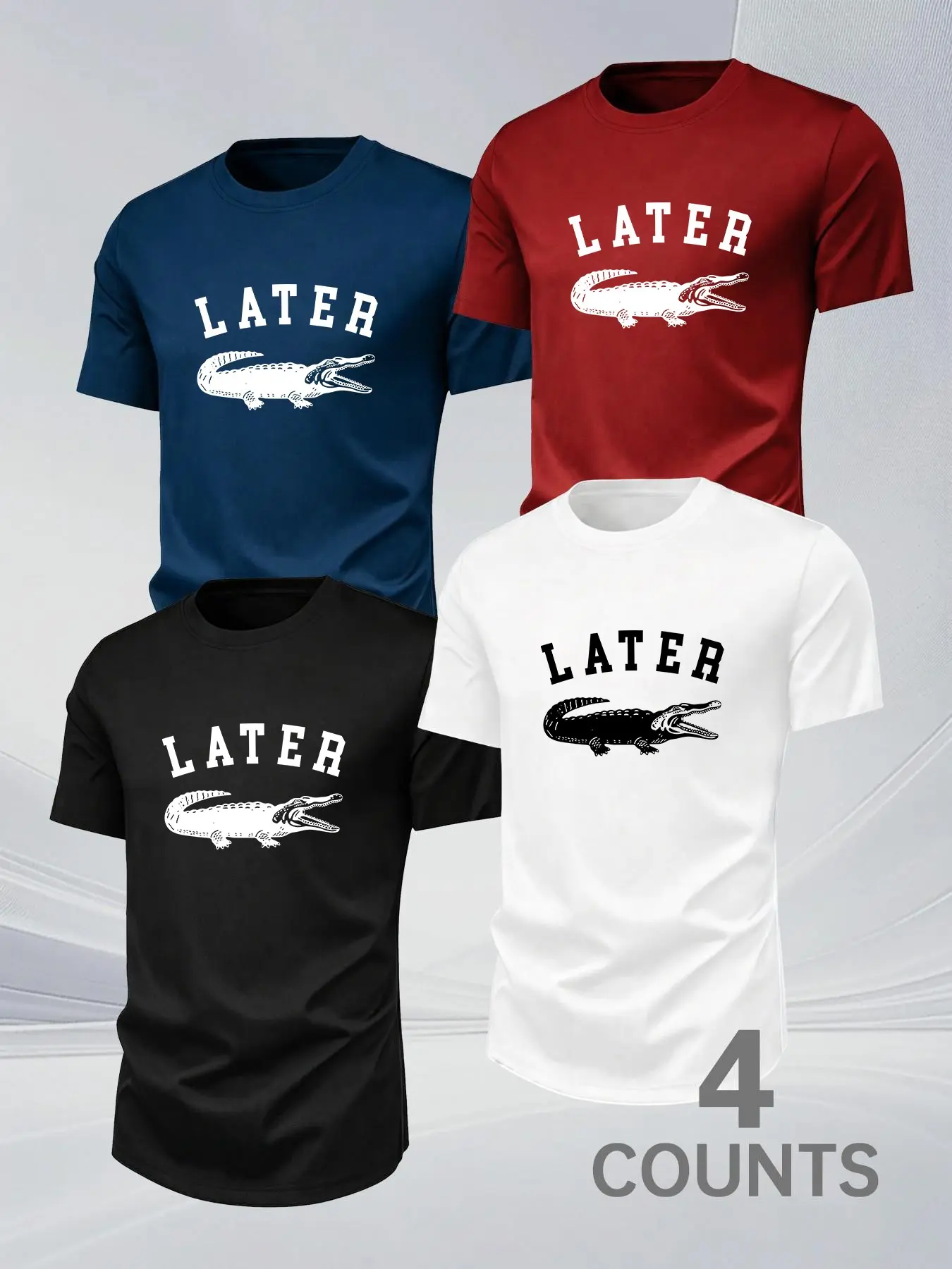 4-Pack Men's Round Neck Casual T-Shirts, Later Letter & Crocodile Print, Soft Breathable Fabric, Ideal for Daily Wear & Light Sports