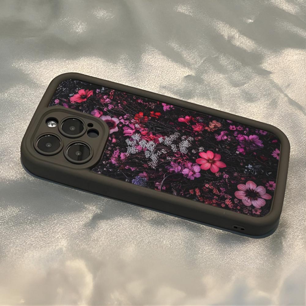 Phone Case - This Stylish Phone Case Suitable for iPhone 17 E Air Pro ProMax iPhone16 15 14 Plus 13 12 Mini 11 X XS XR Features a Floral Pattern,Set Against a Dark Backdrop Adorned with Bright Pink And Purple Blooms,Complemented by Graceful White Flower
