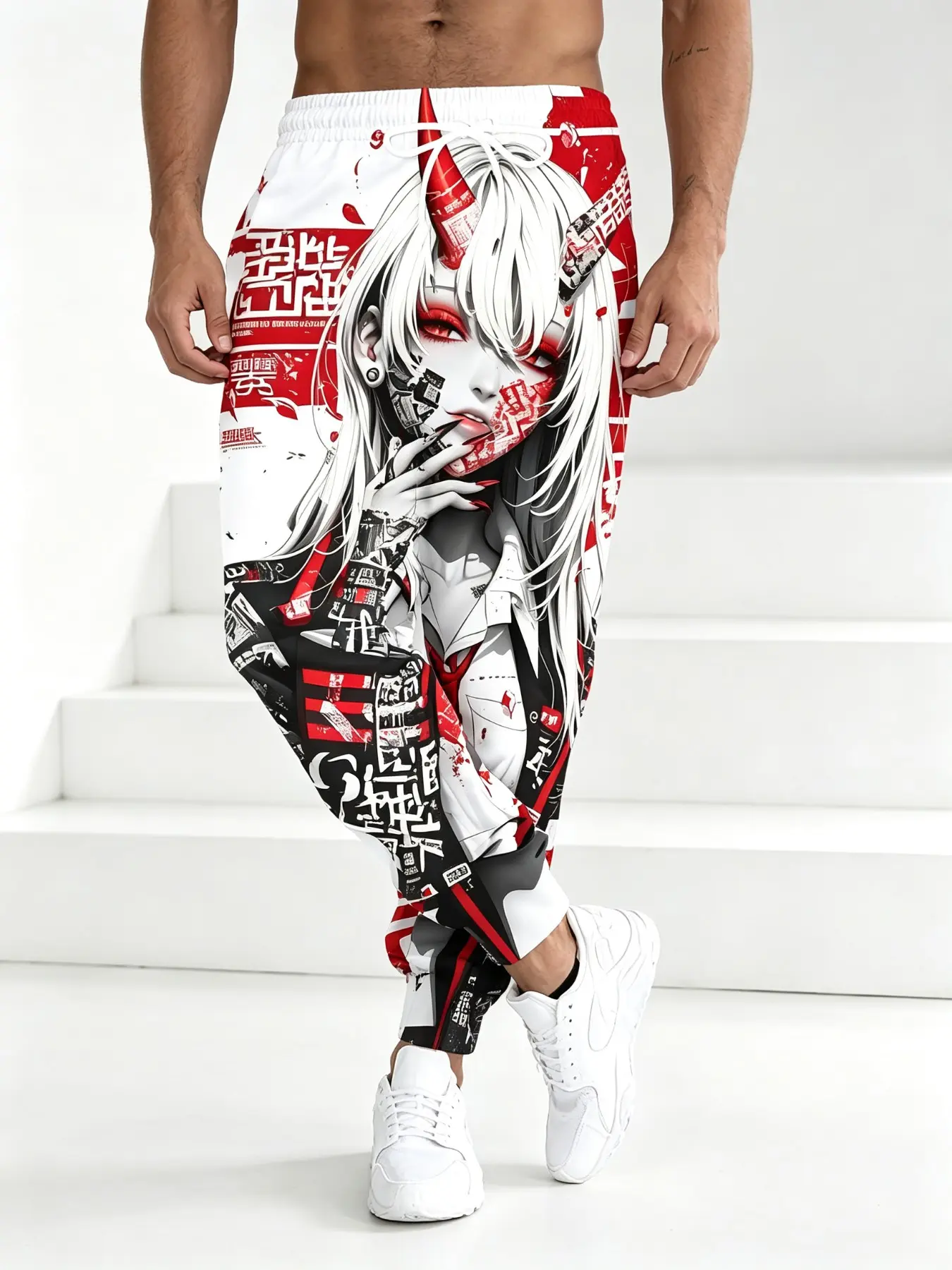 Men's Boho Style Sweatpants, Loose-Fitting All over Print, Spring & Fall Fashion, Anime Girl Design, Elastic Waistband, Streetwear