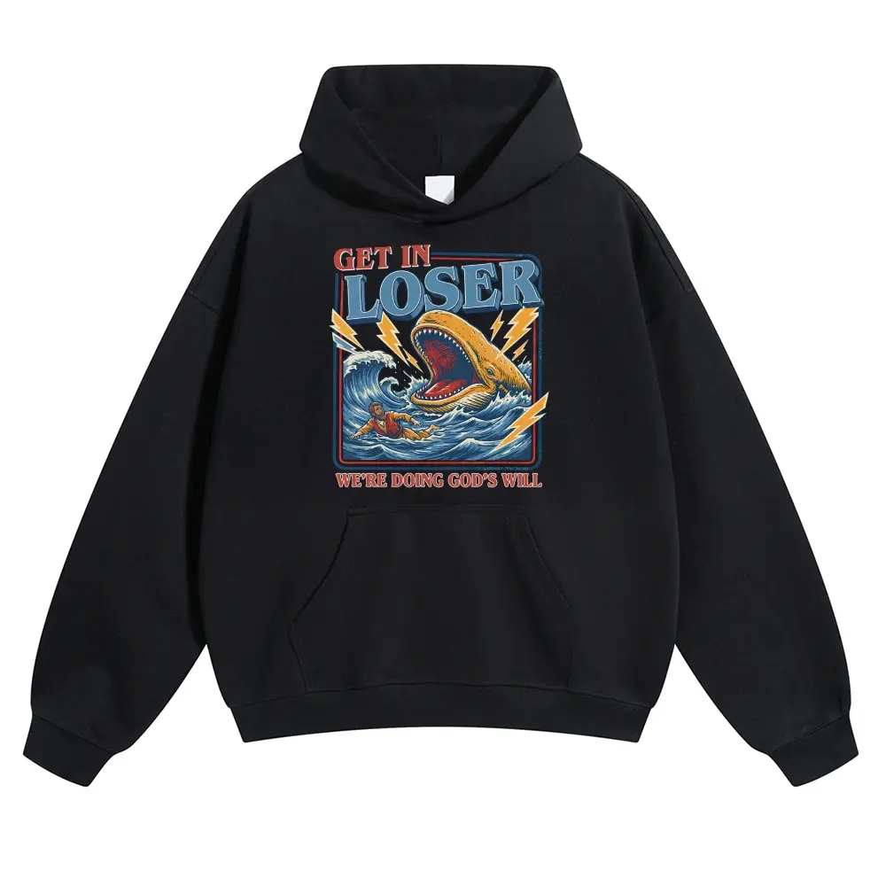 Unisex GET IN LOSER Vintage Waves, Giant Whale & Figure The Book of Jonah Graphic hoodie Personalized Pattern Y2k Clothing Round Neck hoodie,Women's Clothing, Menswear, Top, Vintage Style,Summer Casual Oversized