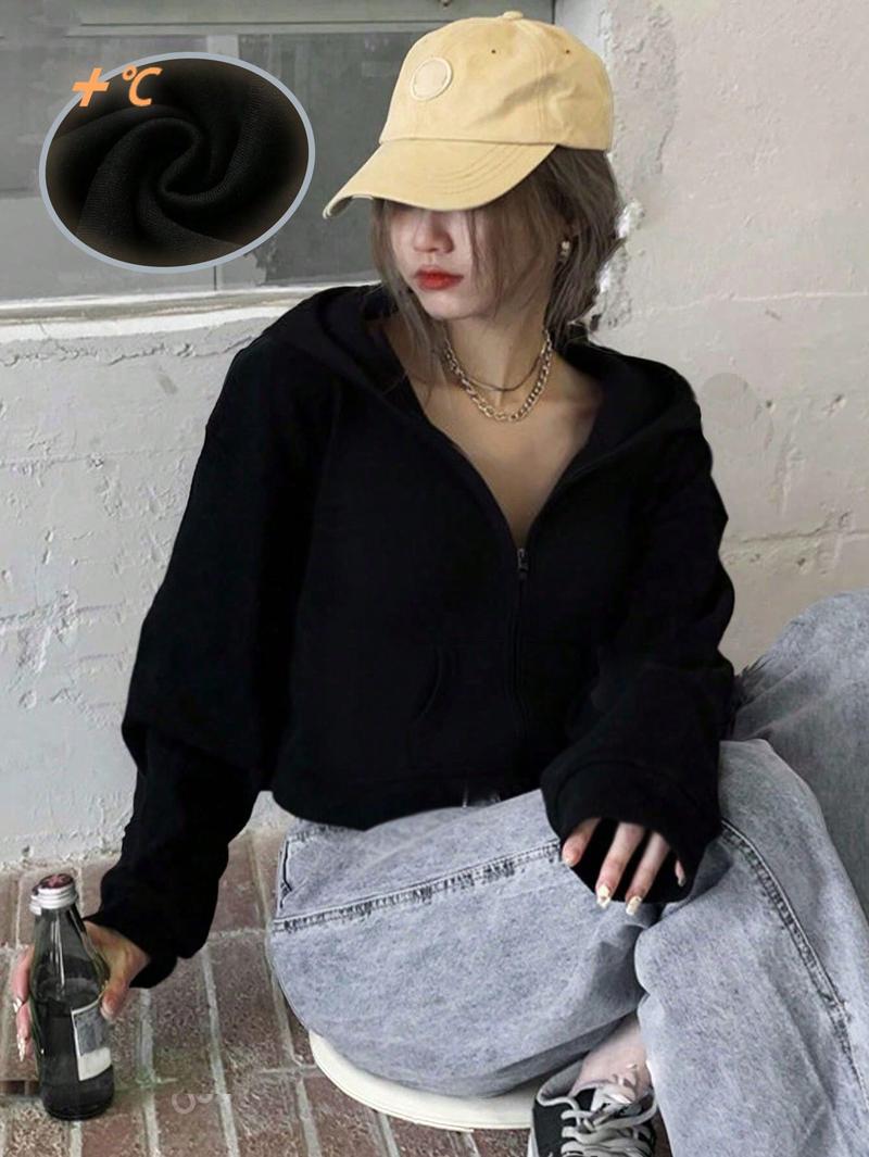 Casual Thermal Zip Up Crop Hoodie Hooded Sweatshirt Black Drawstring Thermal Lined Long Sleeve Pullover Fall Outfit For Girls Teenagers Kids Size 8-16Y B2713 comfortable Girls' Graphic Print Hoodie sequins pants sunburst beauty page ants granola Face