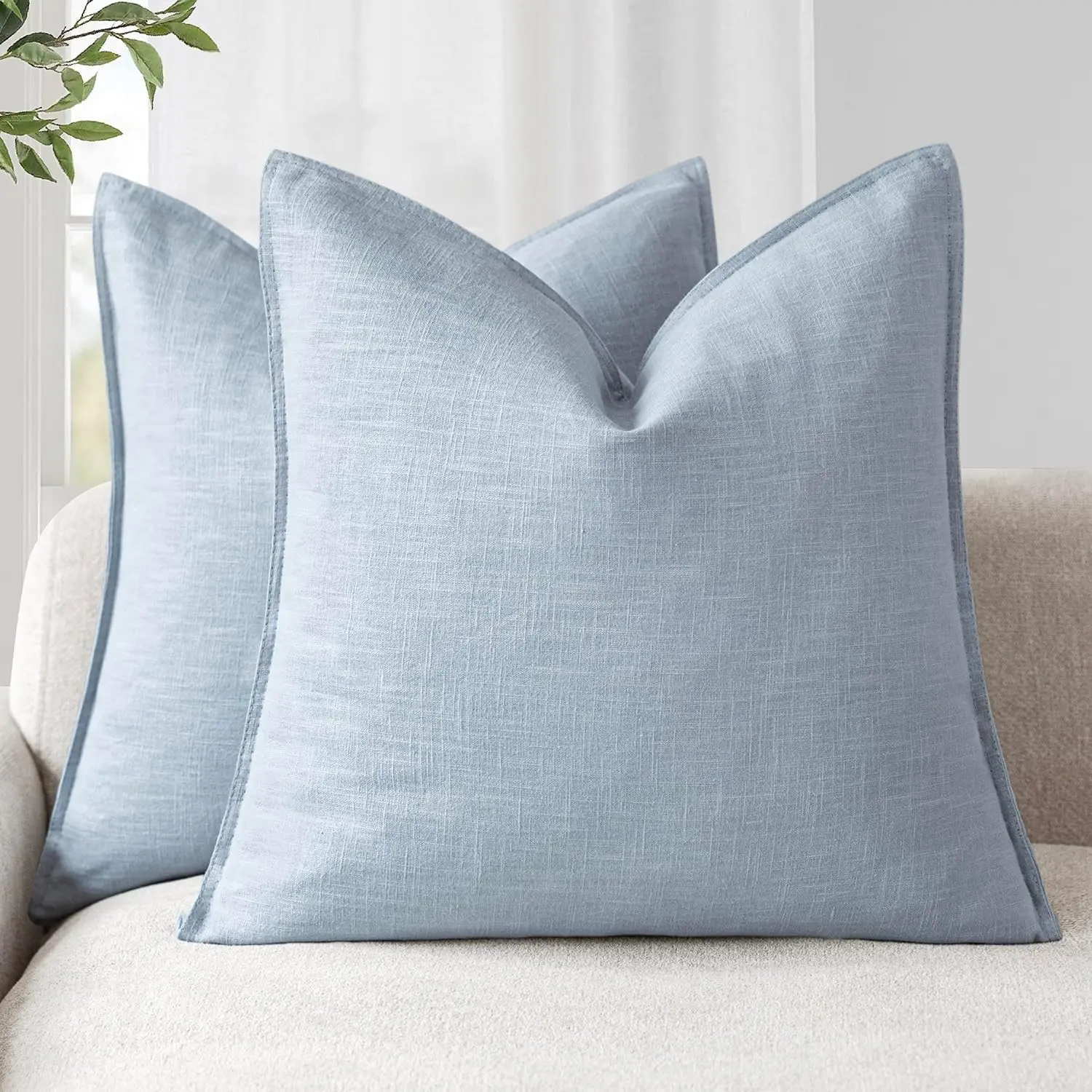Pack of 2, Decorative Linen Solid Throw Pillow Covers Soft Accent Euro Cushion Case Boho Farmhouse Pillowcase for Chair Couch Sofa Bedroom Living Room Home Decor 18 x 18 Inch Sky Blue