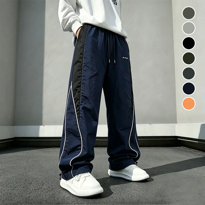 Solid Basic Men's Contrast Piping 2-Wear Wide Leg Parachute Cargo Pants, Dual Drawstring Elastic High Waist Draped Heightening Floor Straight Trousers, Loose Slimming Ice Quick Dry Casual Pants For Young Guys Campus Jogging Outdoor Travel