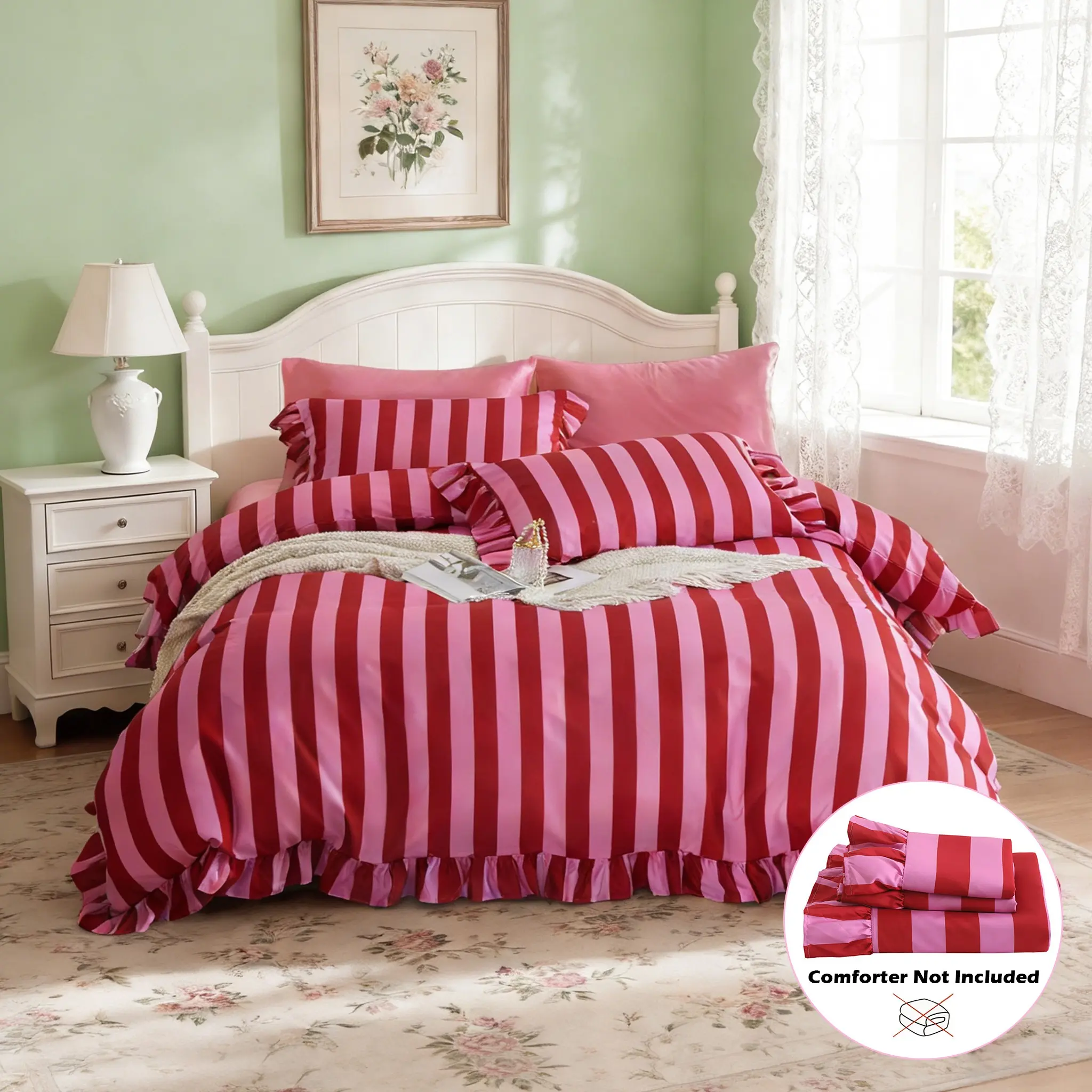 3PCs Striped Ruffle Duvet Cover Set, Include 1*Duvet Cover Without Quilt+ 2* Pillowcase Without Pillow Core, Polyester Bedding, Soft and Comfortable, Modern Home Decor, All-Season Use