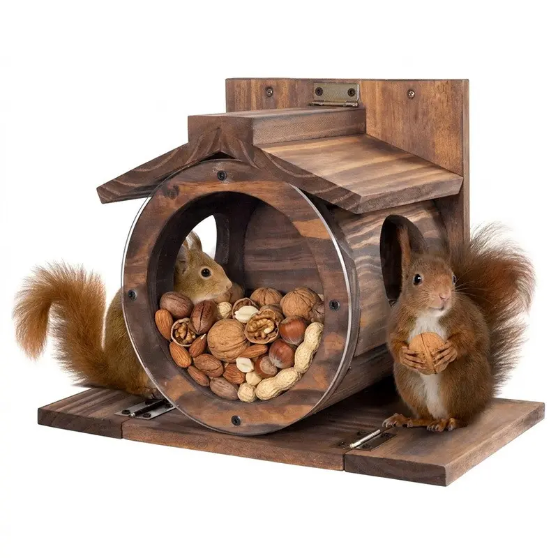Hanging Wooden Squirrel Feeder, Large Capacity Wood Seed Dispenser, Outdoor Nut Cone Corn Kernel Feeding Station, Pet Table Design, Transparent Window, Dual Side Boards