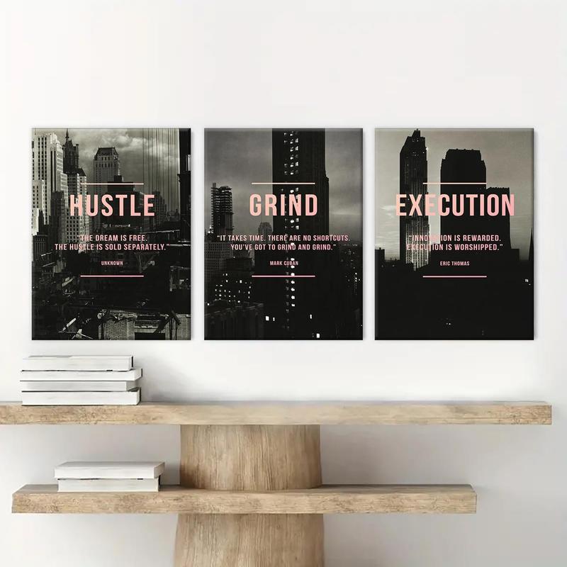 Wooden Framed Canvas Painting, 3 Counts/set Urban Inspirational Letter Decorative Painting, Modern Art Poster for Office Home Dormitory Dining Room Bar, Wooden Wall Art