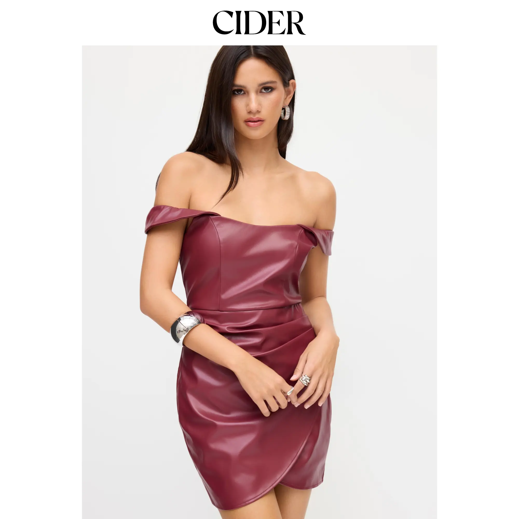 Cider Faux Leather Off-shoulder Wrap Ruched Mini Dress SohoChic