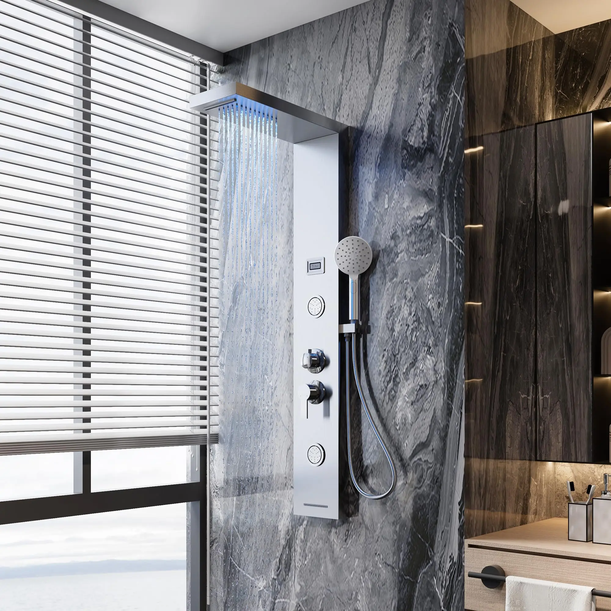 Garvee Luxury Brushed Nickel Stainless Steel Shower Panel Tower System - Rainfall & Waterfall Shower Head, Handheld Shower, 2 Body Jets, 3-Function Tub Spout, Wall-Mounted - High-quality Bathroom Fixture