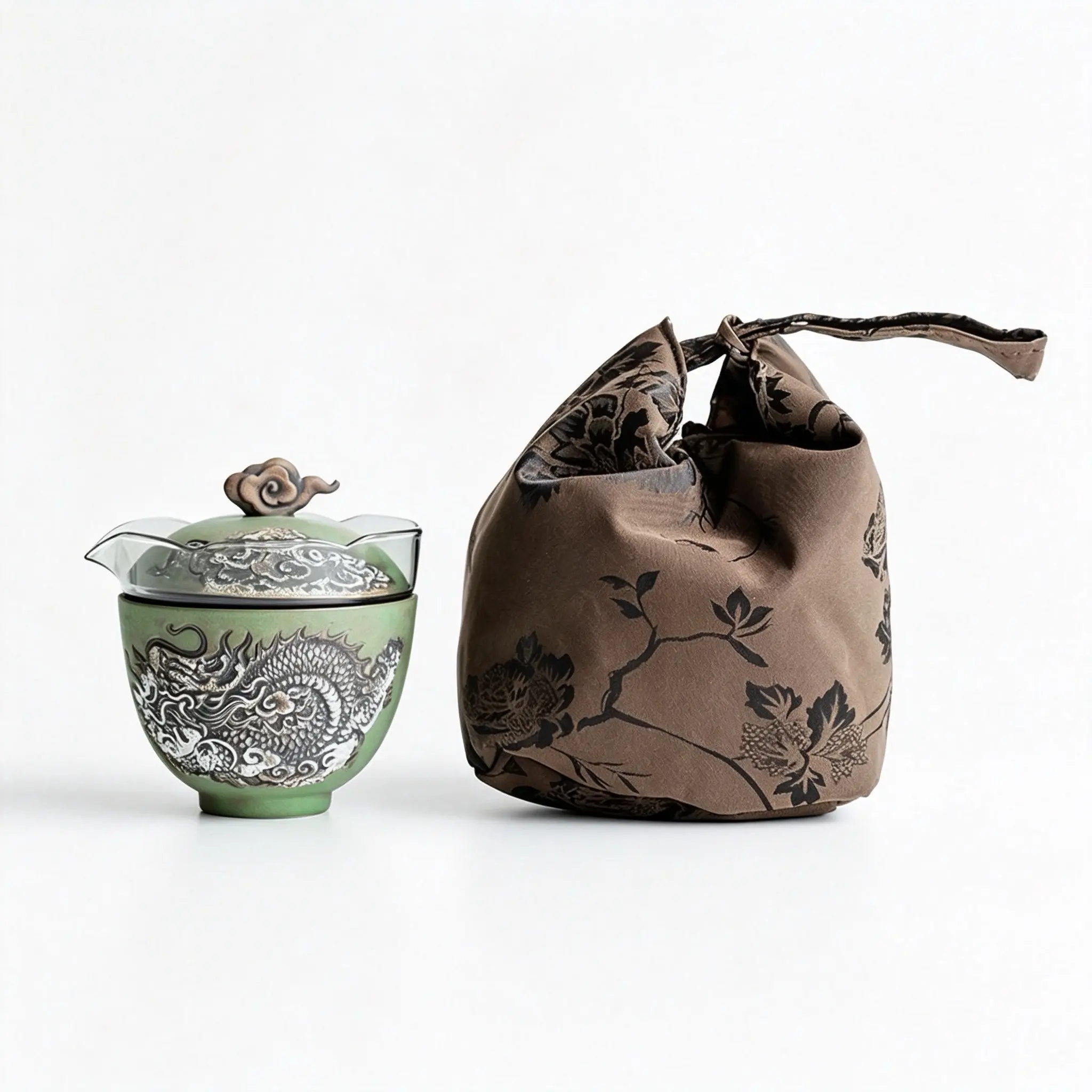 Dragon Pattern Relief Ceramic Tea Set, Travel Kit, Oriental Art Style, Home Gift, Includes Teacup, Lid, Bowl, Perfect for Tea Lovers